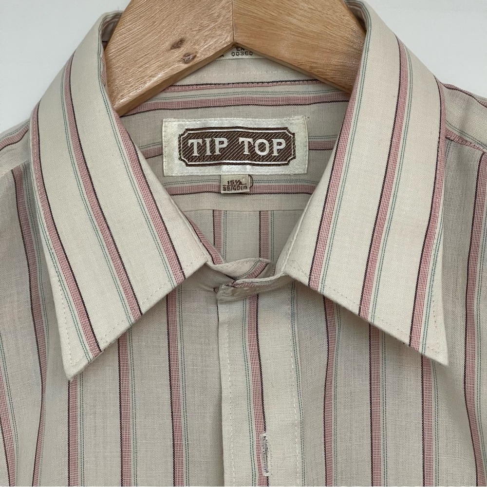 Vintage 70s Tip Top Striped Short Sleeve Button Up Shirt; Men’s 15.5; 39/40 cm
